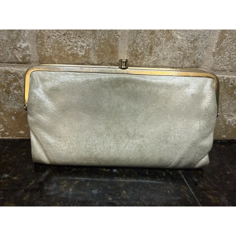 Hobo International Double Kisslock Wallet Silver Gray Glazed Leather Clutch